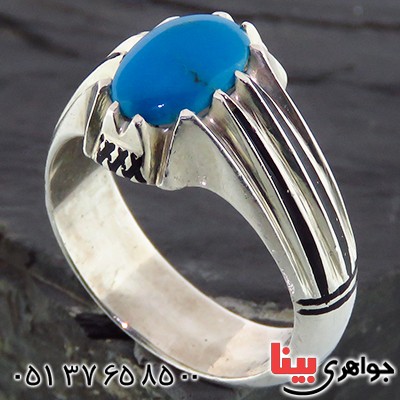 انگشتر فیروزه عجمی مردانه دو خطی _کد:14304