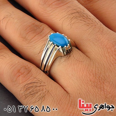 انگشتر فیروزه عجمی مردانه دو خطی _کد:14304