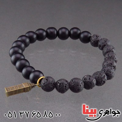 دستبند عقیق سیاه (اونیکس) مات و سنگ آتشفشان خوشرنگ _کد:14313