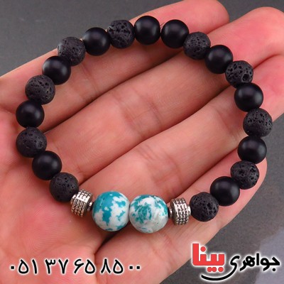 دستبند عقیق سیاه (اونیکس) مات و سنگ آتشفشان و فیروزه مهره ای _کد:14335