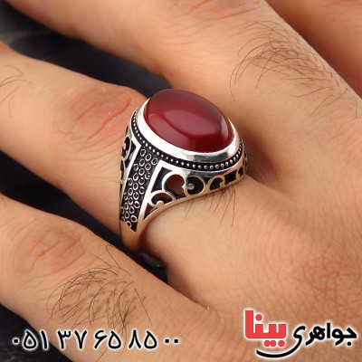 انگشتر عقیق قرمز مردانه طرح اسلیمی سیاه قلم _کد:14363