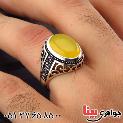 انگشتر عقیق شرف الشمس مردانه طرح اسلیمی سیاه قلم _کد:14370
