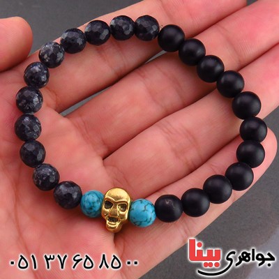 دستبند چند جواهر عقیق سیاه مات و عقیق تراش دار و فیروزه _کد:14413