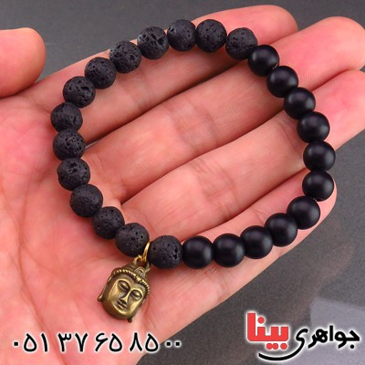 دستبند عقیق سیاه (اونیکس) مات و سنگ آتشفشان خوشرنگ _کد:14473