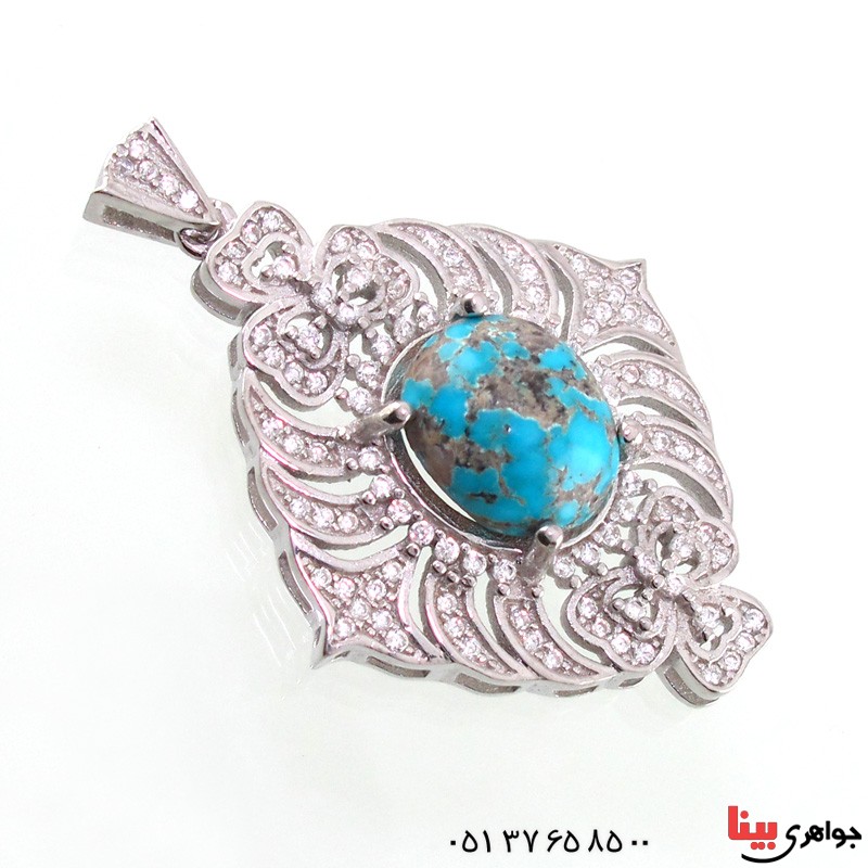 گردنبند فیروزه نیشابوری شجری درشت زنانه رودیوم _کد:14782