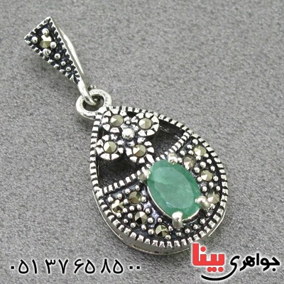 گردنبند زمرد و مارکازیت زنانه مدل اشکی _کد:15004