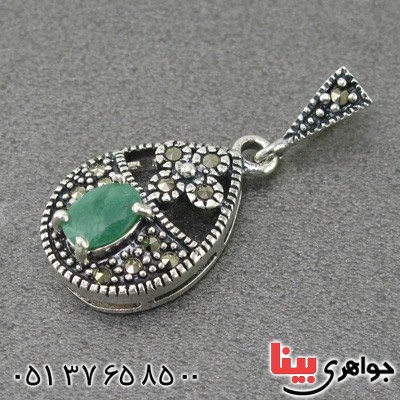 گردنبند زمرد و مارکازیت زنانه مدل اشکی _کد:15004