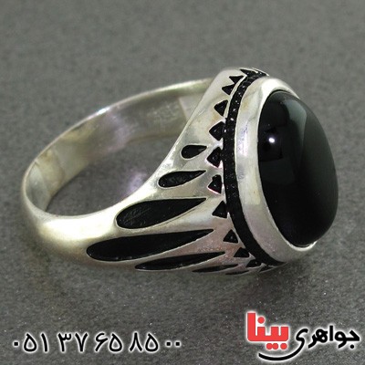 انگشتر عقیق سیاه (اونیکس) مردانه اشکی سیاه قلم کاری _کد:15399