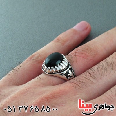 انگشتر عقیق سیاه (اونیکس) مردانه طرح اسلیمی _کد:15475