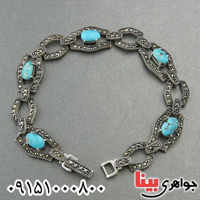 دستبند فیروزه نیشابوری و حدید مارکازیتی درشت زنانه دستبند فیروزه نیشابوری و حدید مارکازیتی درشت زنانه