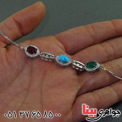 دستبند چند جواهر فیروزه نیشابوری عجمی و عقیق رودیوم زنانه _کد:15534