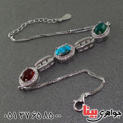 دستبند چند جواهر فیروزه نیشابوری و عقیق سبز و عقیق قرمز رودیوم زنانه _کد:15545