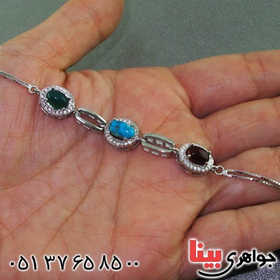 دستبند چند جواهر فیروزه نیشابوری و عقیق سبز و عقیق قرمز رودیوم زنانه _کد:15545