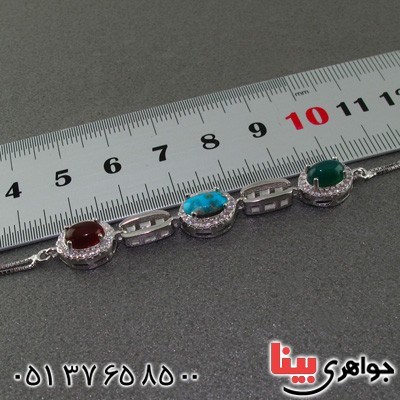 دستبند چند جواهر فیروزه نیشابوری و عقیق سبز و عقیق قرمز رودیوم زنانه _کد:15545