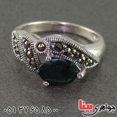 انگشتر یاقوت کبود و حدید مارکازیت درجه یک زنانه _کد:15575