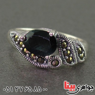 انگشتر یاقوت کبود و حدید مارکازیت درجه یک زنانه _کد:15575