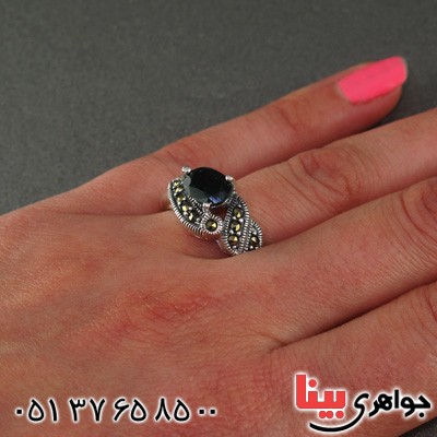 انگشتر یاقوت کبود و حدید مارکازیت درجه یک زنانه _کد:15575