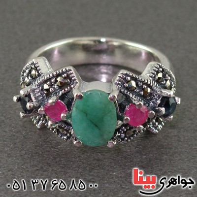 انگشتر چند جواهر زمرد و یاقوت و حدید مارکازیت درجه یک درشت زنانه _کد:15583