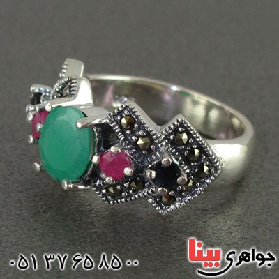 انگشتر چند جواهر یاقوت و زمرد و حدید مارکازیت درجه یک درشت زنانه _کد:15599