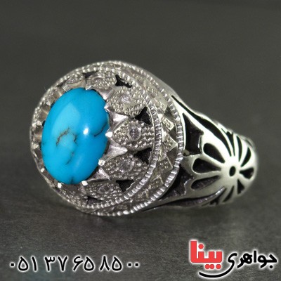 انگشتر فیروزه نیشابوری دور الماس درشت مردانه عالی _کد:2123
