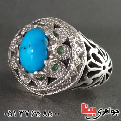 انگشتر فیروزه نیشابوری دور زمرد مردانه درشت عالی _کد:2126