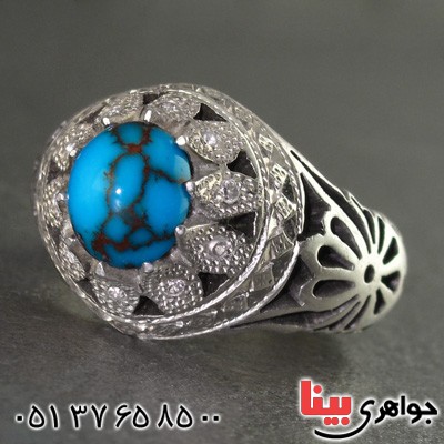 انگشتر فیروزه نیشابوری شجری دور الماس درشت مردانه _کد:2128