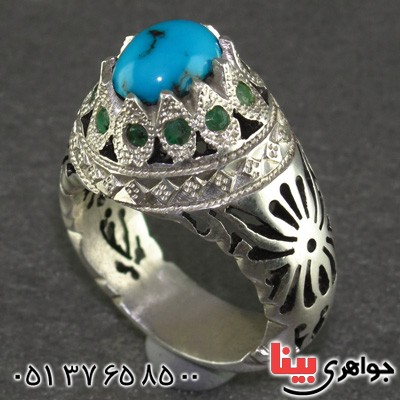 انگشتر فیروزه نیشابوری دور زمرد عالی درشت مردانه _کد:2150