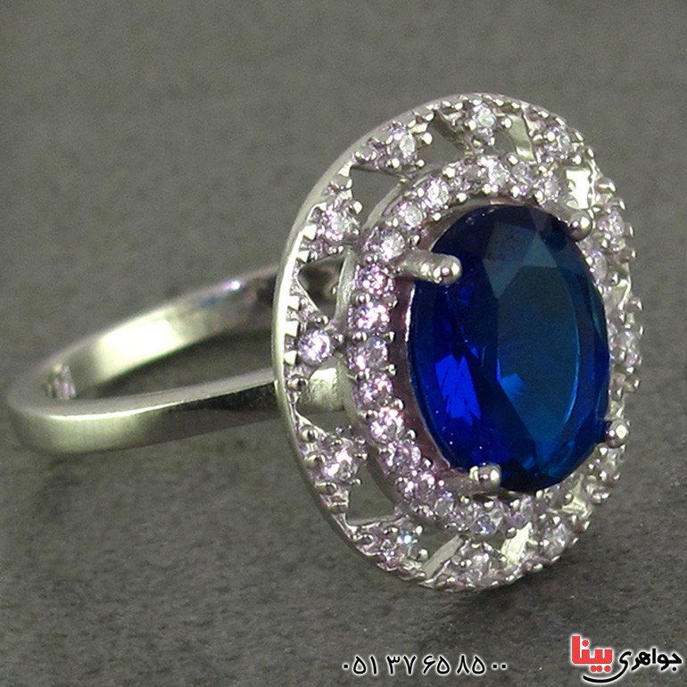 انگشتر یاقوت کبود رودیوم زنانه مدل آتوسا _کد:15855
