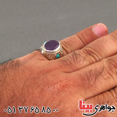 انگشتر عقیق یمنی کبود و فیروزه نیشابوری عجمی درشت مردانه _کد:2265