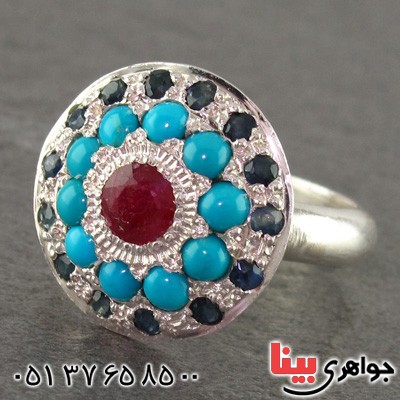 انگشتر چند جواهر فیروزه نیشابوری عجمی و یاقوت سرخ و کبود زلال باشکوه قدیمی _کد:2280