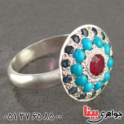 انگشتر چند جواهر فیروزه نیشابوری عجمی و یاقوت سرخ و کبود زلال باشکوه قدیمی _کد:2280