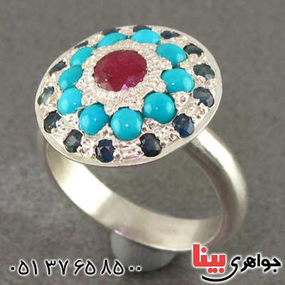 انگشتر چند جواهر فیروزه نیشابوری عجمی و یاقوت سرخ و کبود زلال باشکوه قدیمی _کد:2280