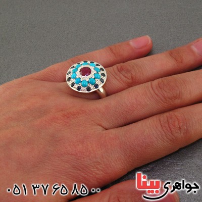 انگشتر چند جواهر فیروزه نیشابوری عجمی و یاقوت سرخ و کبود زلال باشکوه قدیمی _کد:2280