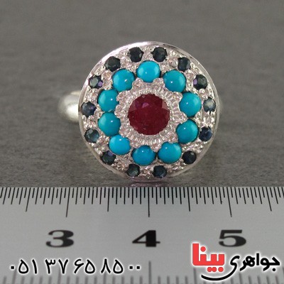 انگشتر چند جواهر فیروزه نیشابوری عجمی و یاقوت سرخ و کبود زلال باشکوه قدیمی _کد:2280
