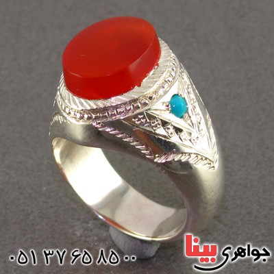 انگشتر عقیق یمنی ناب و فیروزه نیشابوری درشت مردانه فاخر _کد:2282