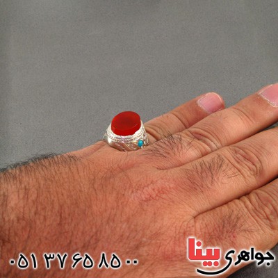 انگشتر عقیق یمنی ناب و فیروزه نیشابوری درشت مردانه فاخر _کد:2282