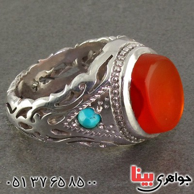 انگشتر عقیق یمنی و فیروزه نیشابوری درشت مردانه _کد:2298