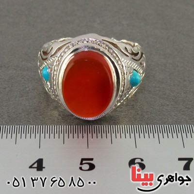 انگشتر عقیق یمنی و فیروزه نیشابوری درشت مردانه _کد:2298