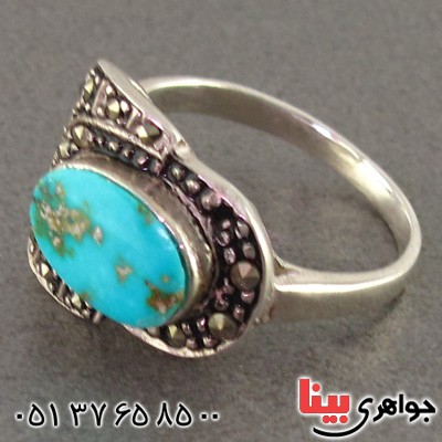 انگشتر فیروزه نیشابوری خوش رنگ مارکازیت زنانه _کد:15982