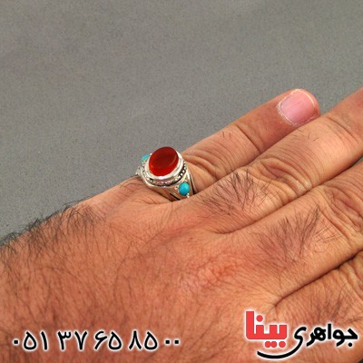انگشتر عقیق یمنی ناب و فیروزه نیشابوری عجمی مردانه _کد:2327
