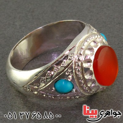 انگشتر عقیق یمنی ناب و فیروزه نیشابوری عجمی خوشرنگ مردانه _کد:2328