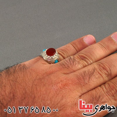 انگشتر عقیق یمنی ناب و فیروزه نیشابوری عجمی خوشرنگ مردانه _کد:2328