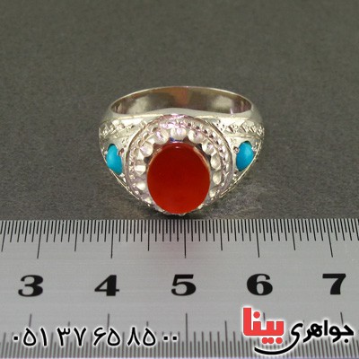 انگشتر عقیق یمنی ناب و فیروزه نیشابوری عجمی خوشرنگ مردانه _کد:2328