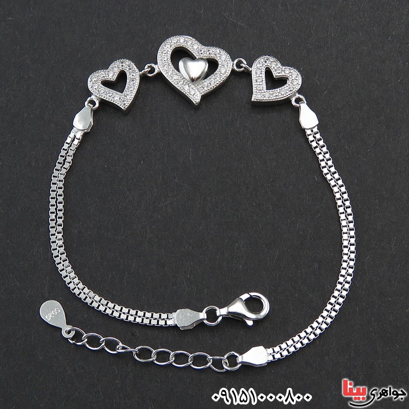 دستبند نقره زنانه رودیوم طرح قلب ها _کد:16066
