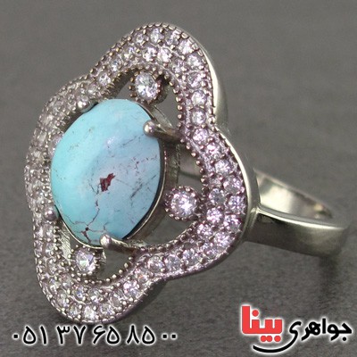انگشتر فیروزه نیشابوری رودیوم زنانه مدل آلاله _کد:16078
