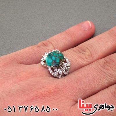انگشتر فیروزه نیشابوری شجری رودیوم زنانه خوش طبع _کد:16083