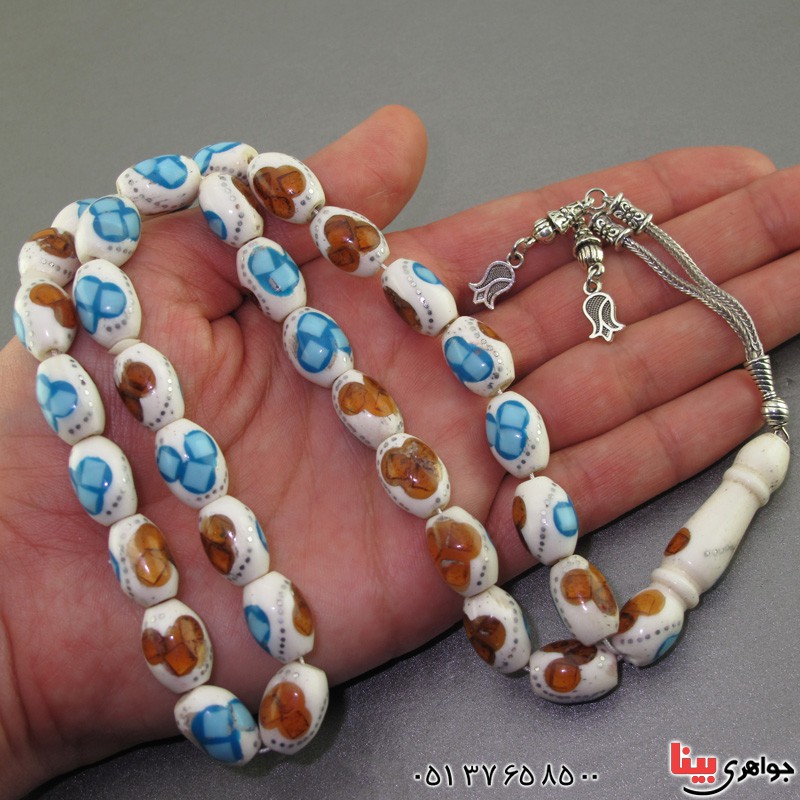 تسبیح چند جواهر ۳۳ دانه ای درشت نقره کوب و مرصع کاری فیروزه و کهربا _کد:2381