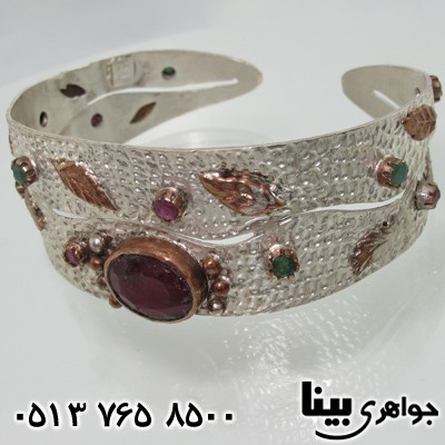 دستبند چند جواهر یاقوت سرخ و زمرد سنتی پهن