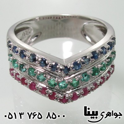انگشتر چند جواهر یاقوت سرخ و کبود و زمرد طرح هفت