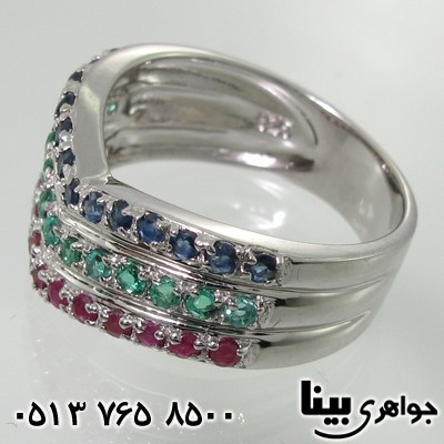 انگشتر چند جواهر یاقوت سرخ و کبود و زمرد طرح هفت